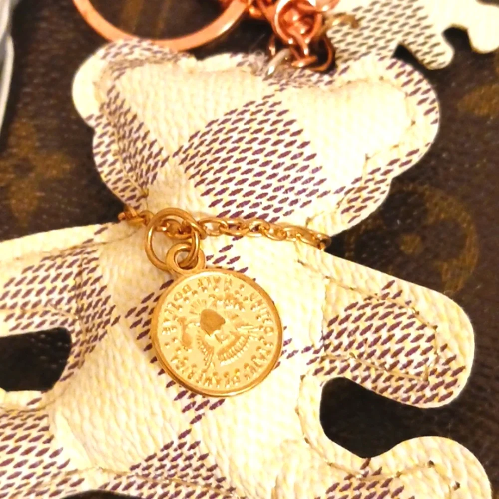 Bag Charm Keychain TEDDY BEAR Damier Azur Handmade with‎ Charms & Tassel